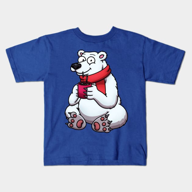 Cute Polar Bear In Red Scarf Drinking Hot Chocolate Kids T-Shirt by TheMaskedTooner